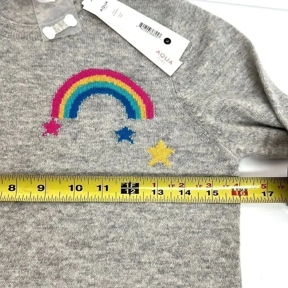 NWT New AQUA Girls Cashmere Crewneck Sweater Gray with Stars and Rainbow L